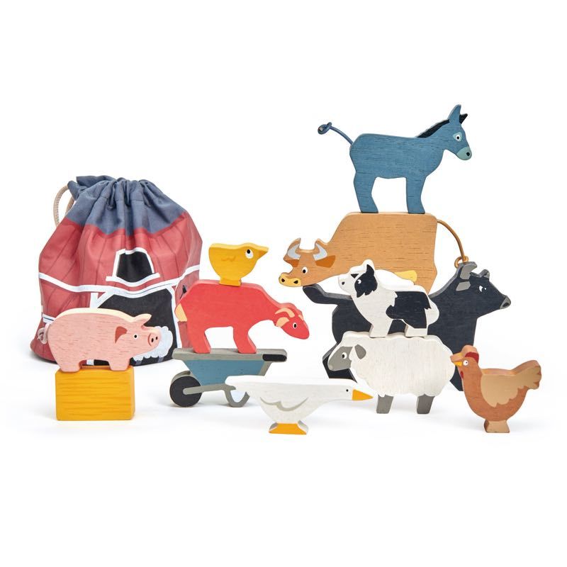 Tender Leaf Toys Stacking Farm Yard Animals with Bag Knock On Wood Toys